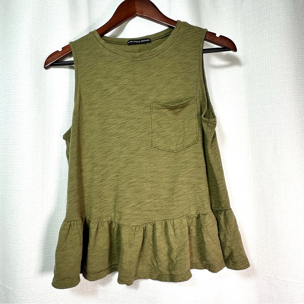 Harlowe & Graham Olive Green Ruffle Hem Tank Top Size M Boho Peplum